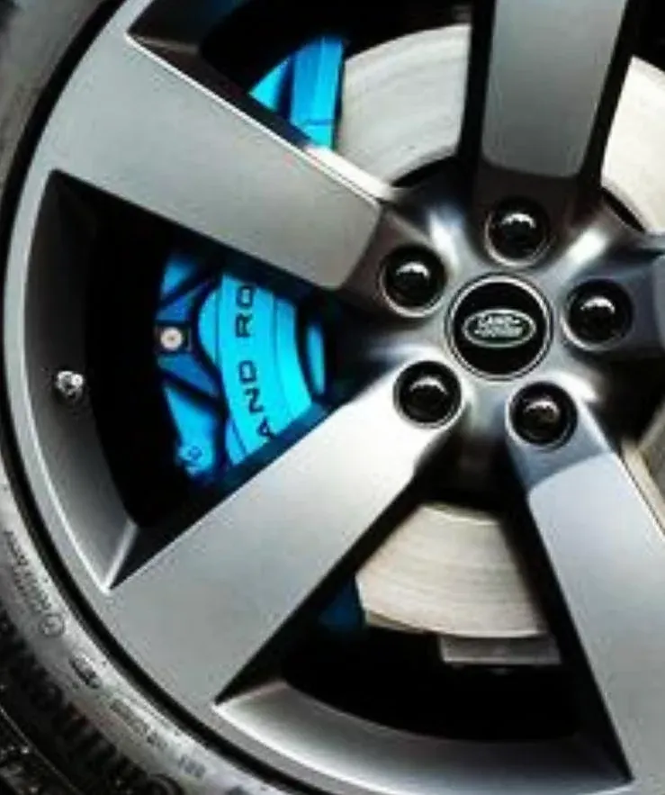 Pinça Land Rover pintada de azul, vista através da roda